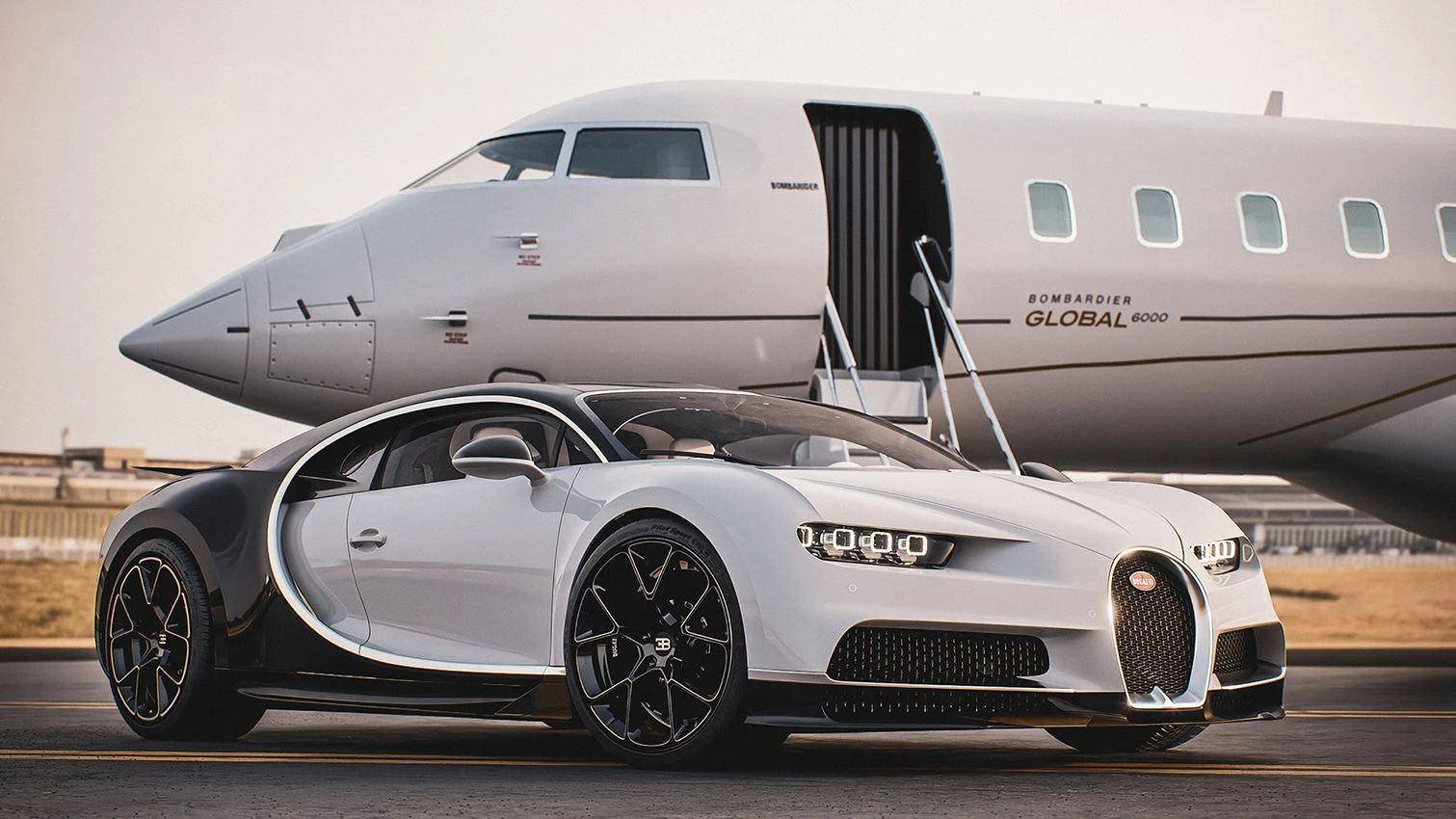 Bugatti Chiron by David Baylis by 3d rendering behind private jet