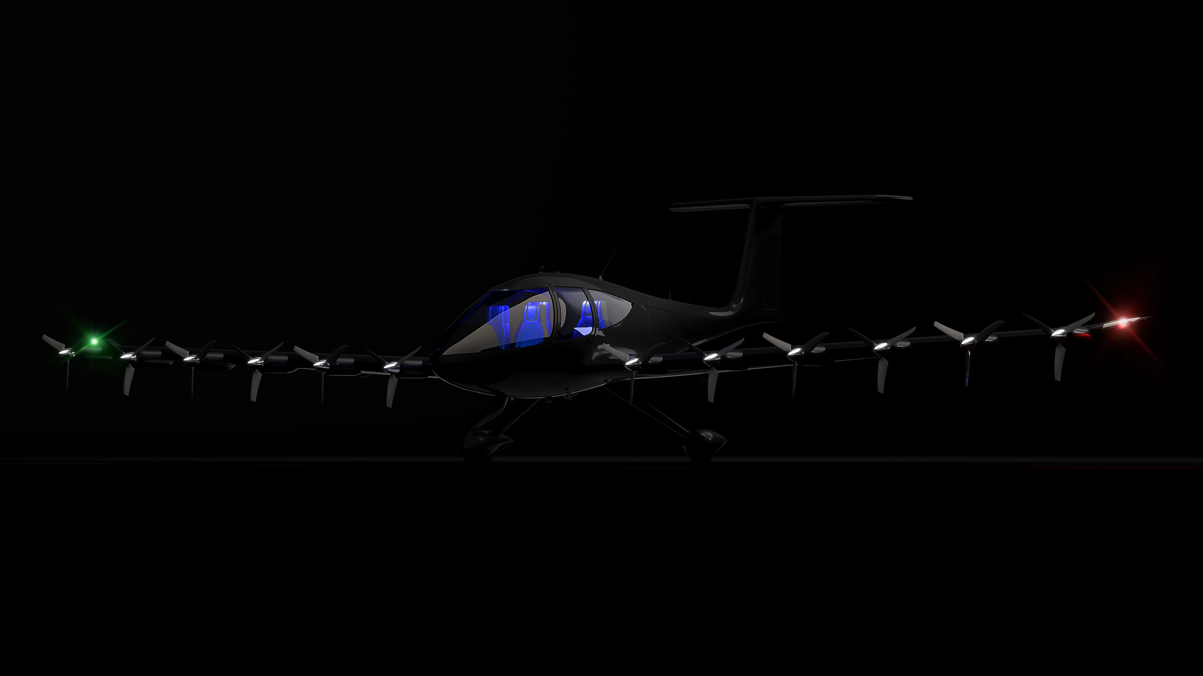 Human flying drone by 7CGI in a black background