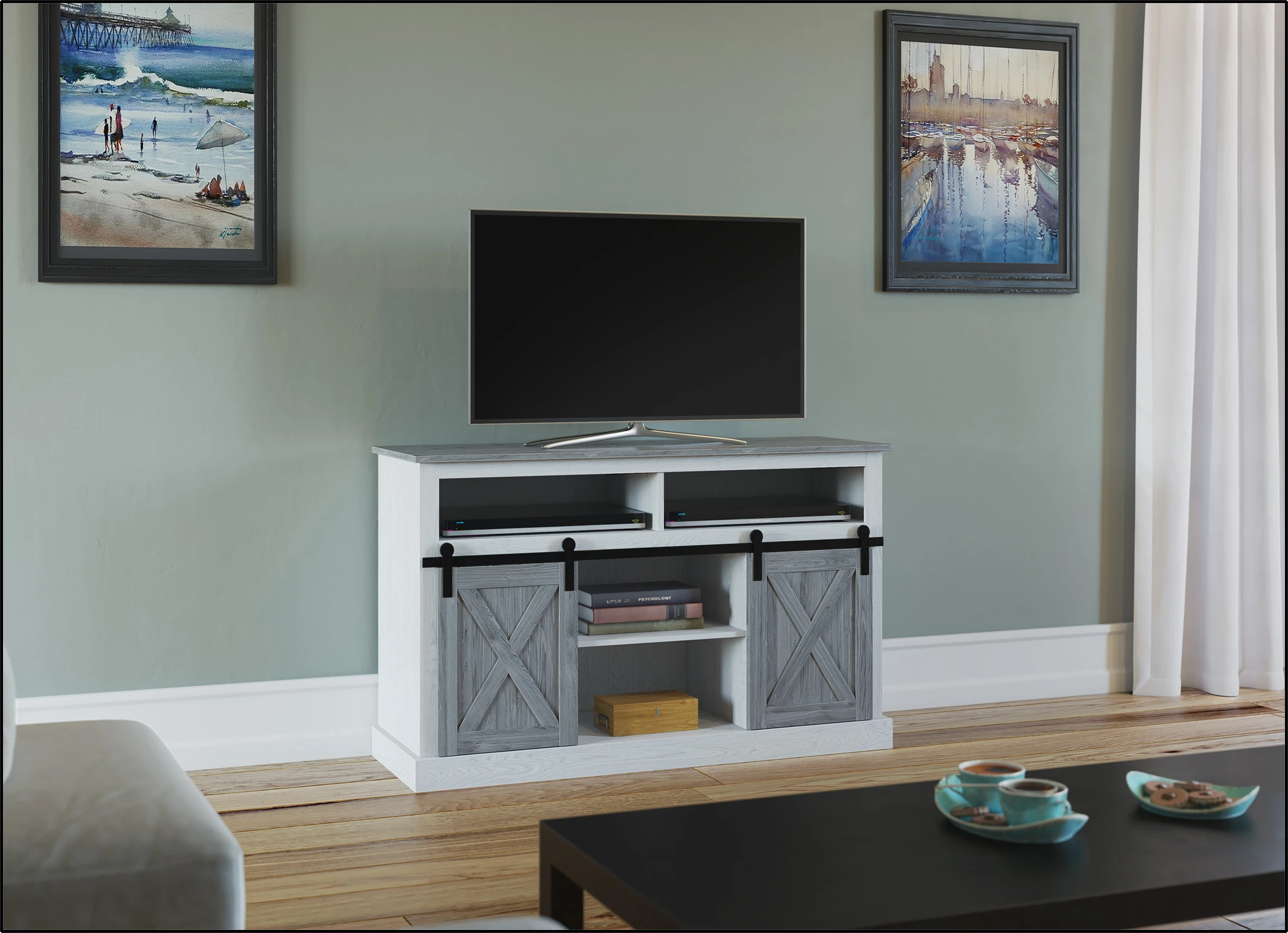 3d furniture rendering - a tv mounted on a table, painting on the wall  