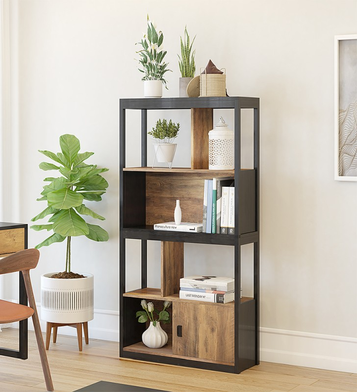 A 3d rendered shelf with 3d rendered plats, books and decor items to show the power of furniture lifestyle rendering