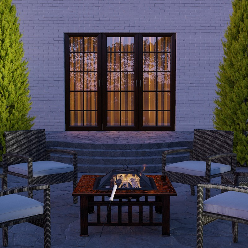 fireplace outside with few chair in outside of the house in the evening hours - a 3d rendering by 7cgi