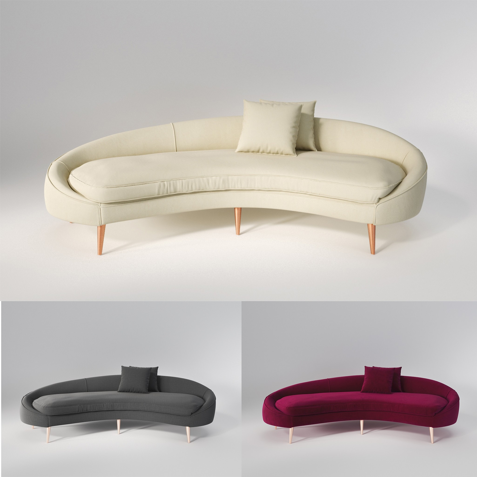 3d furniture rendering of a sofa in three colors