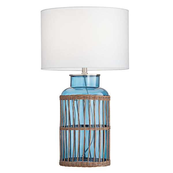 A stylish blue glass table lamp with a white shade, rendered by 7cgi furniture rendering service.