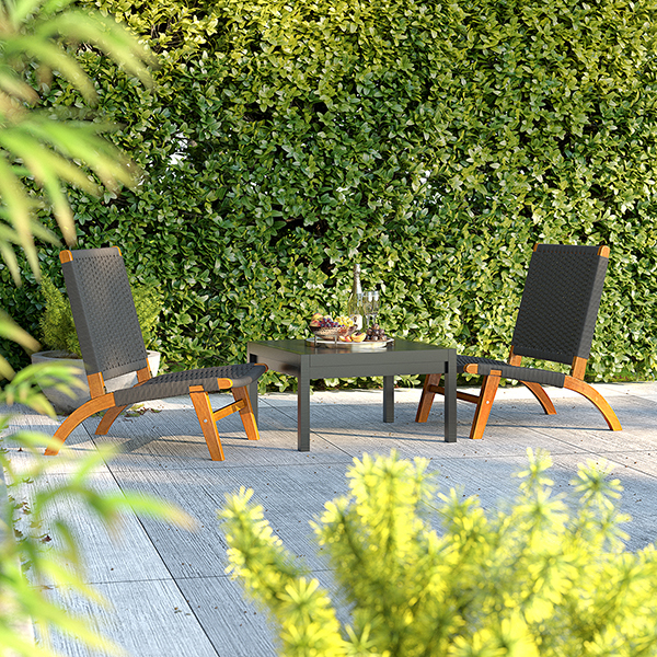 Outdoor CGI render of a patio featuring two chairs and a table, image rendered by 7cgi furniture rendering service.
