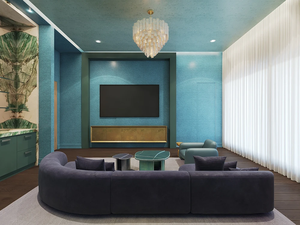 3d rendering of living room contains a sofa set, big screen TV and cabinet. Created by 7CGI Studio