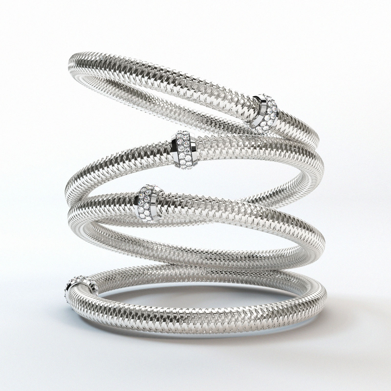 Three silver rings with diamonds, elegant and luxurious. Perfect for any special occasion. Created by 7cgi jewelry rendering service.