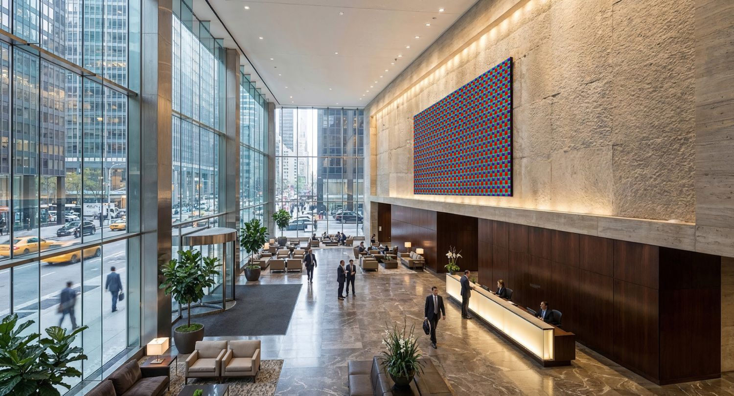 Photorealistic 3D rendering of spacious modern corporate lobby with large colorful grid artwork on textured stone wall, long illuminated reception desk, potted plants and dramatic city view through glass facade