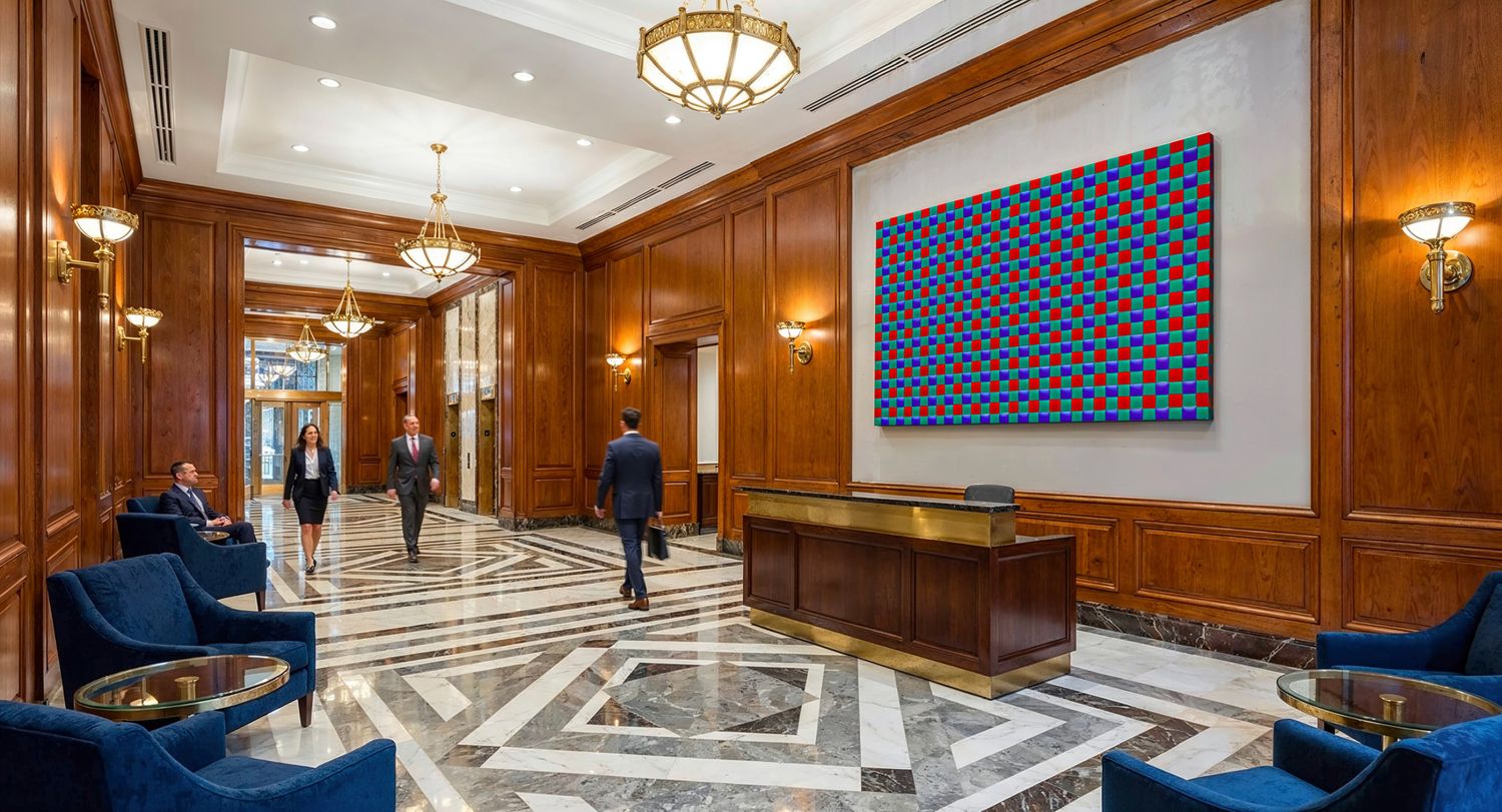 Photorealistic 3D rendering of classic elegant lobby with dark wood paneling, blue velvet armchairs, ornate chandeliers, marble floor and colorful grid artwork on the wall