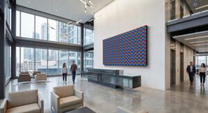 Photorealistic 3D rendering of bright modern open lobby with colorful grid wall art, glass-top reception desk, beige armchairs, high ceiling with pendant lights and people walking through the space