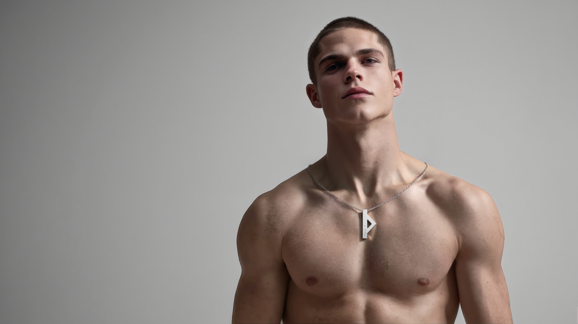 Photorealistic 3D lifestyle rendering of muscular man wearing silver bar pendant necklace – main image for Barbaroi World page
