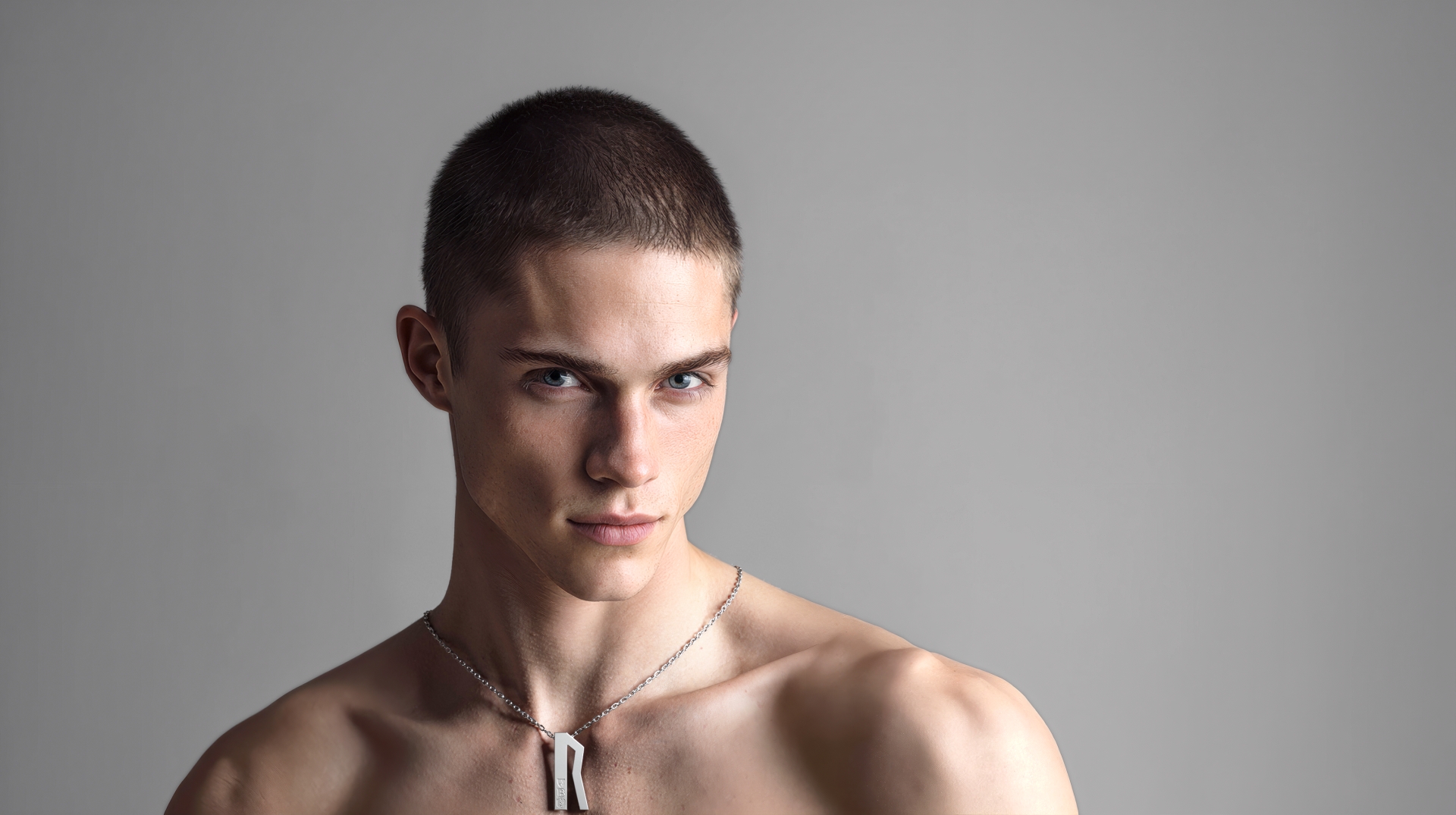 Photorealistic 3D lifestyle rendering of muscular man wearing silver bar pendant necklace – main image for shop page