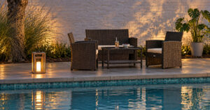 Cozy outdoor seating by pool