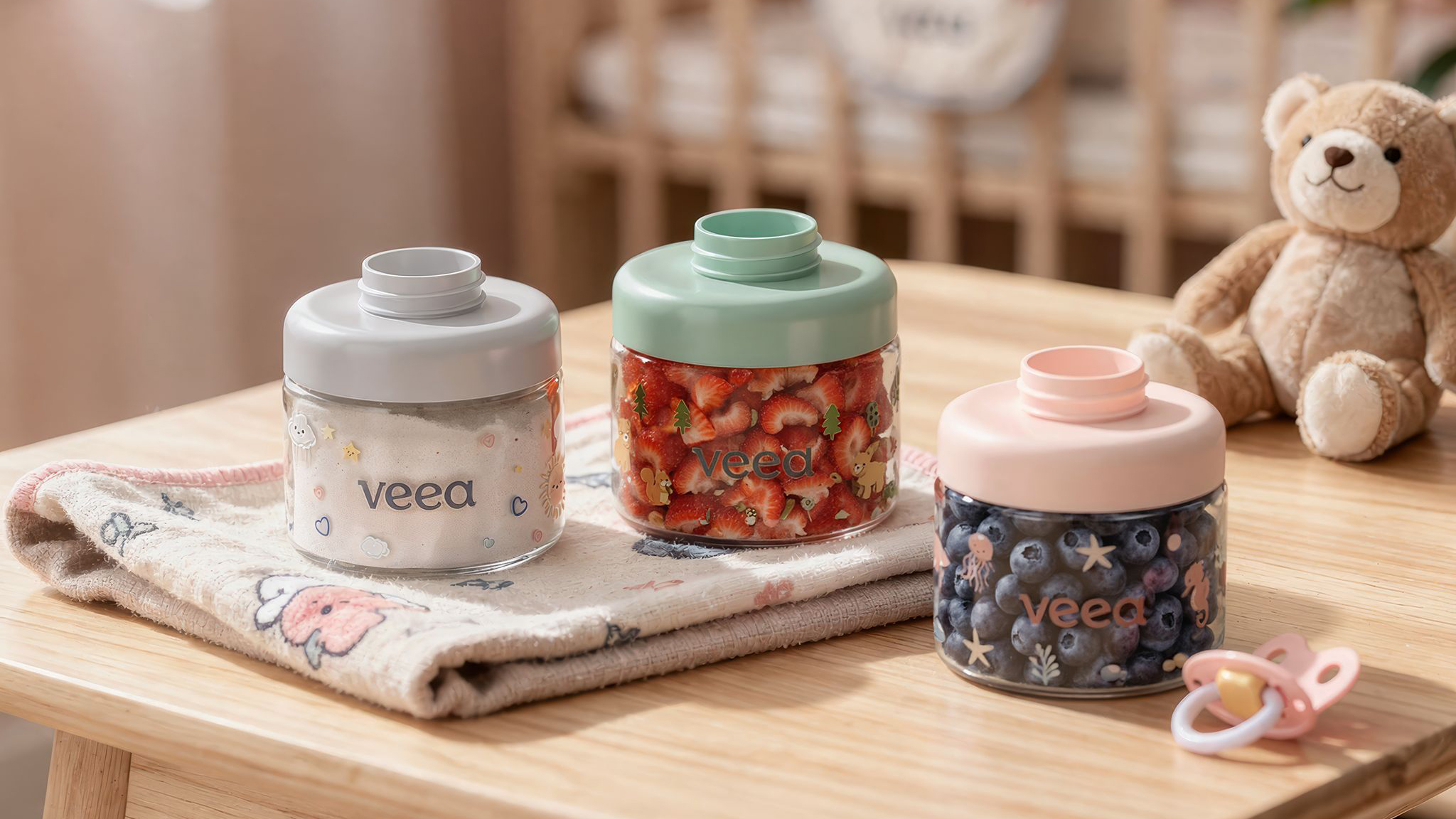 Colorful baby food containers 3d rendering with various contents