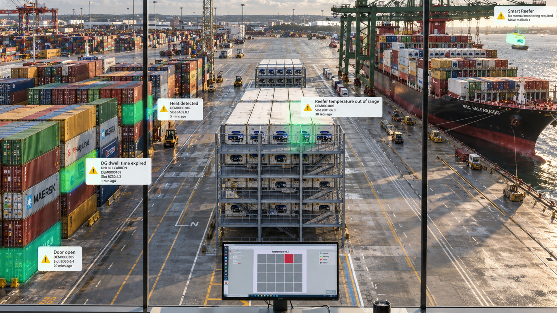 Busy shipping port yard 3d visualization with containers and monitors