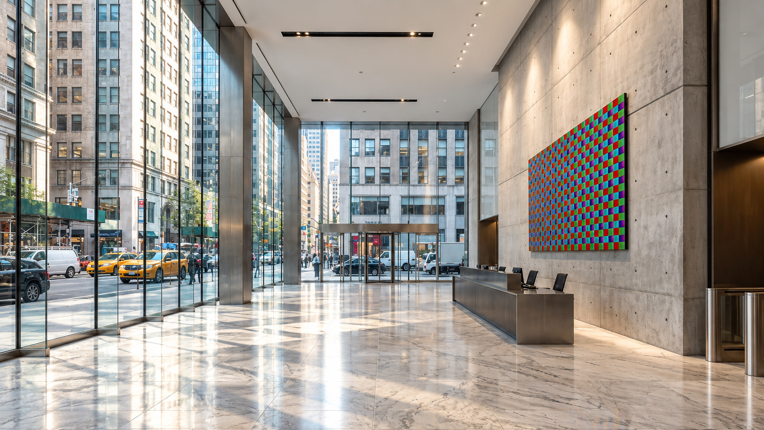 Modern lobby with large windows and wall scalpture.