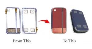 Comparison image showing the transformation from a concept sketch to a 3D rendering of a pocket bag, highlighting 3D product Rendering
