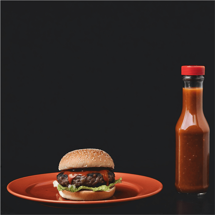 a burger with a hot sauce bottle on a dark background, optimized for food product marketing and online branding