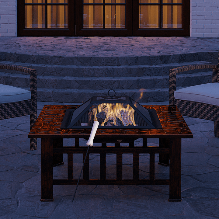 an outdoor fire pit with marshmallow roasting stick, ideal for backyard furniture and outdoor product marketing.