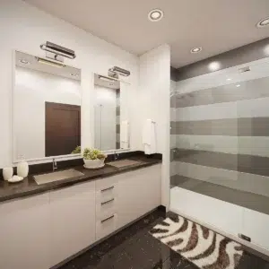 3D rendering of a modern bathroom rendering featuring a double sink vanity, large mirrors, and a glass shower enclosure, showcasing clean and elegant design.