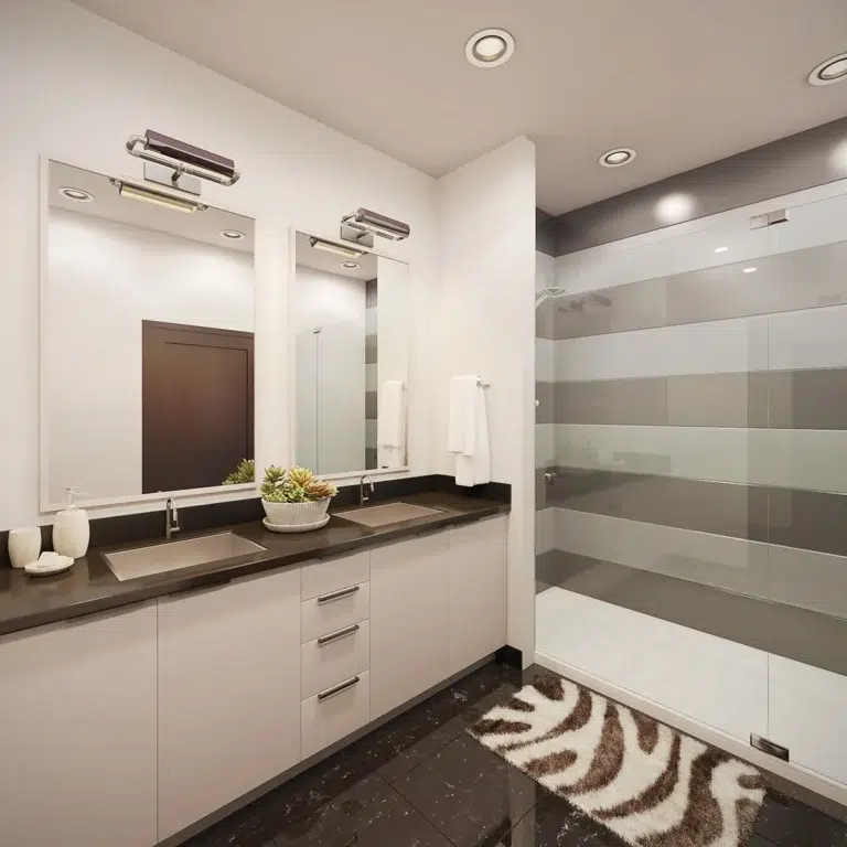 3D rendering of a modern bathroom rendering featuring a double sink vanity, large mirrors, and a glass shower enclosure, showcasing clean and elegant design.