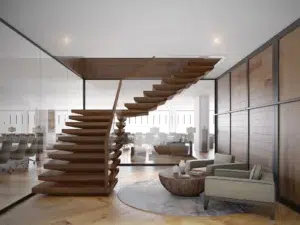 3D rendering of a contemporary office space with a floating wooden staircase, glass walls, and seating area, emphasizing Product visualization.