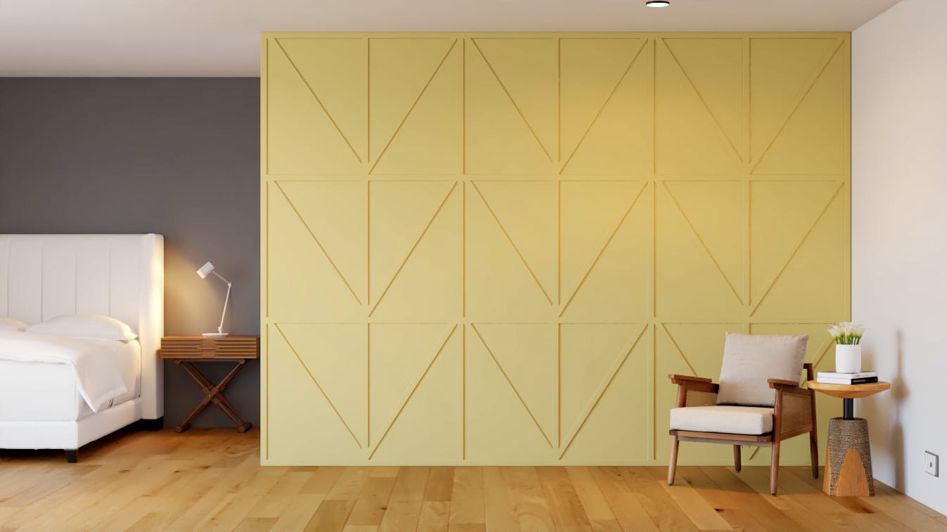 Image of a 3d render model of wall panel gold color board in bed room made by 7cgi for client digitalmarketing campaign