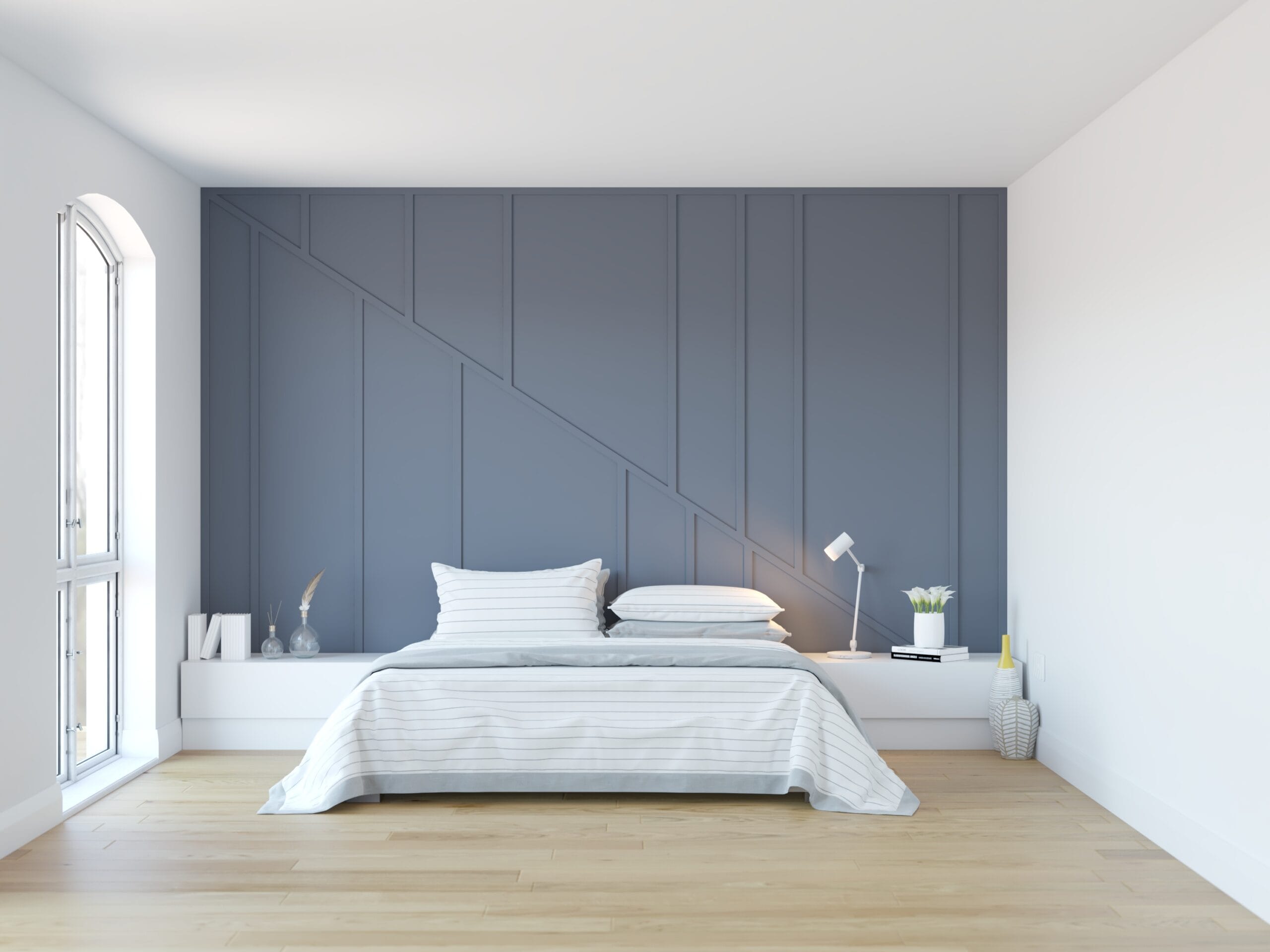 Image of a 3d render model of wall panel board in bedroom prepared by 7cgi for it's client digitalmarketing campaign