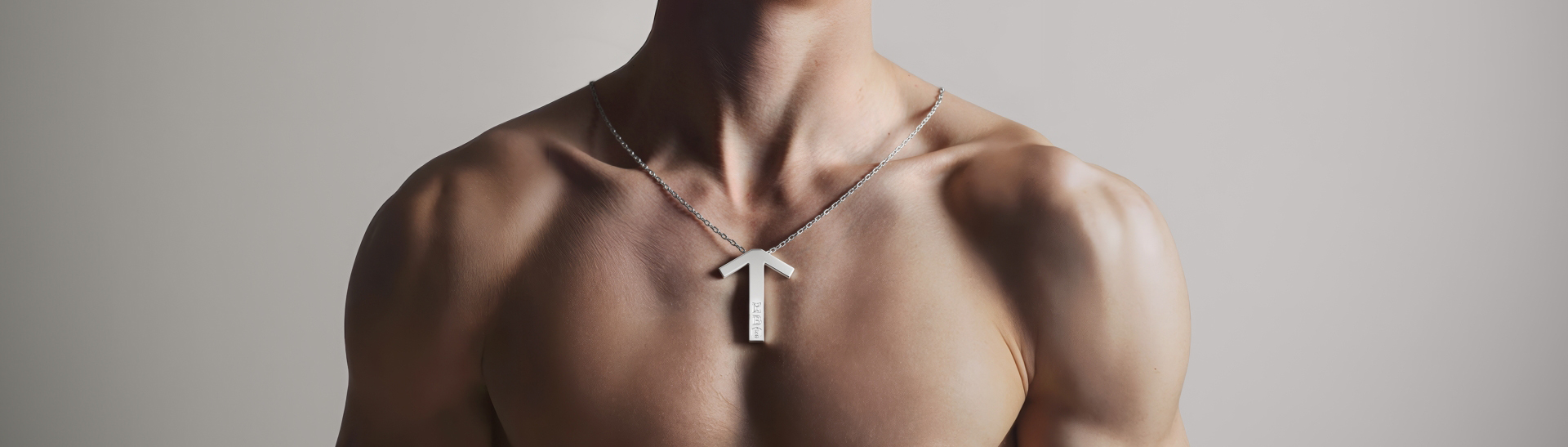 Photorealistic 3D lifestyle rendering of muscular man wearing silver BARBAROI “T” pendant necklace – close-up torso view