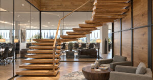 Modern interior with wooden staircase.