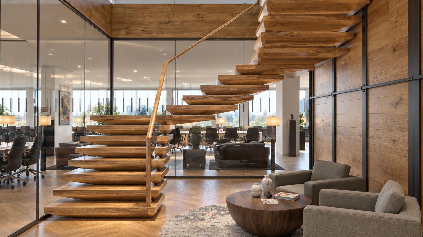 Modern interior with wooden staircase product 3d rendering