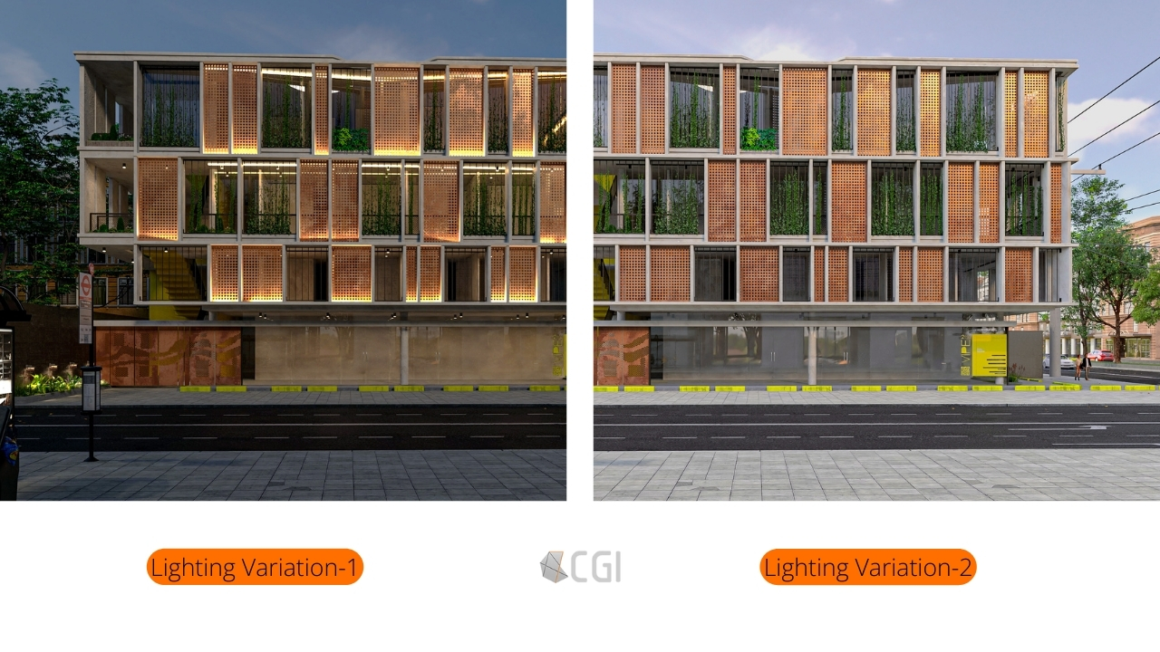 3D Lighting rendering of a building facade