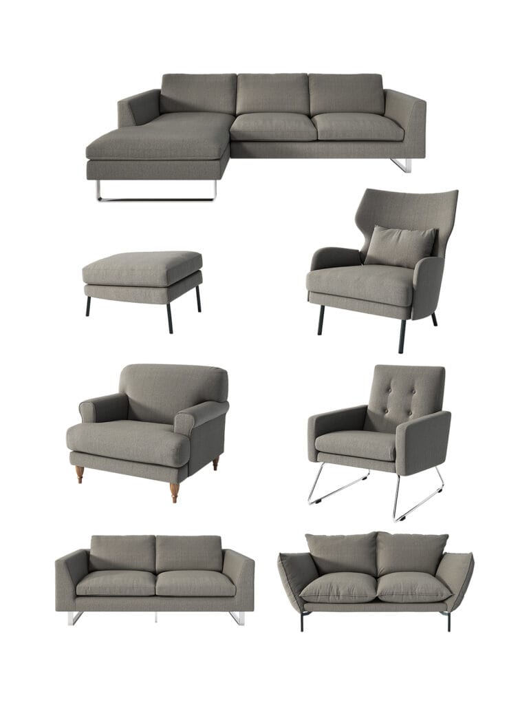 3d rendering of a silo images of a sofa and sofa accessories