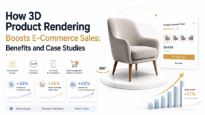 3D product rendering for ecommerce showing photorealistic furniture with interactive 360 degree view