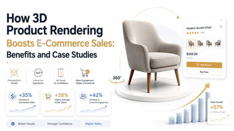 3D product rendering for ecommerce showing photorealistic furniture with interactive 360 degree view