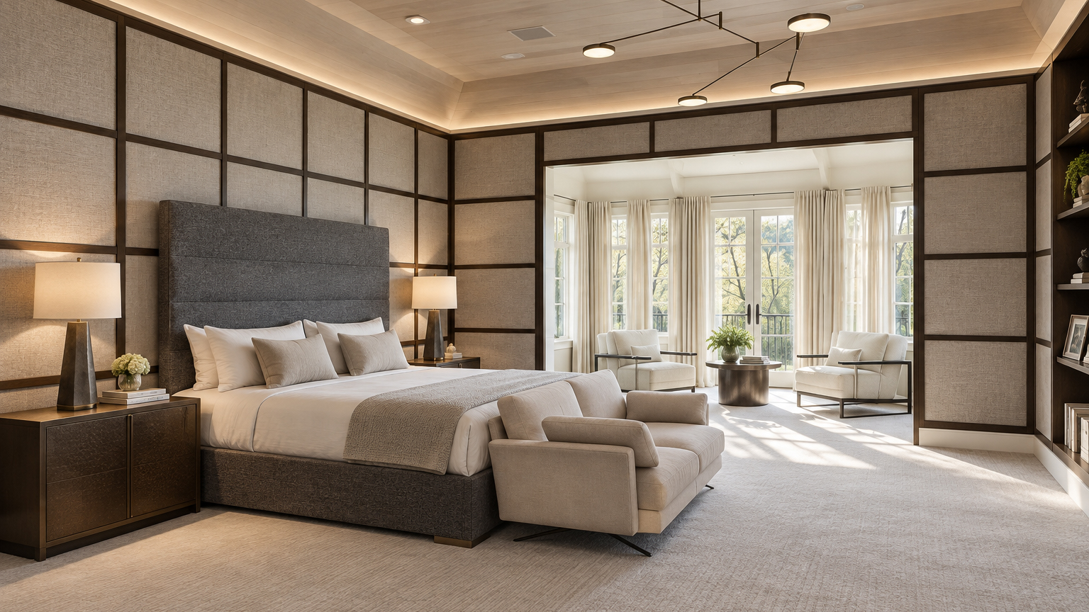 Modern bedroom with large windows. Rubin residence 3d interior rendeirngs