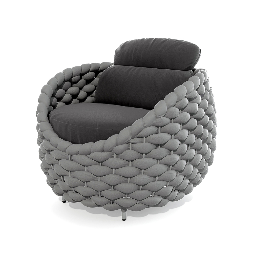 Photorealistic 3D rendering of modern gray woven lounge chair with black cushions and organic braided rope texture