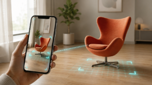 AR product visualization showing a 3D sofa placed in a real living room through a phone camera