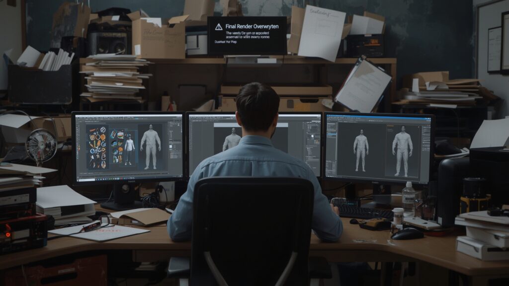 An overworked 3D artist sitting in front of mult