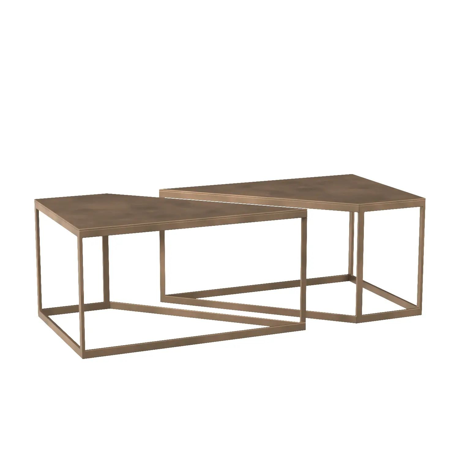 Photorealistic 3D rendering of modern bronze metallic Austin nesting cocktail table set with clean rectangular tops and slim metal frames