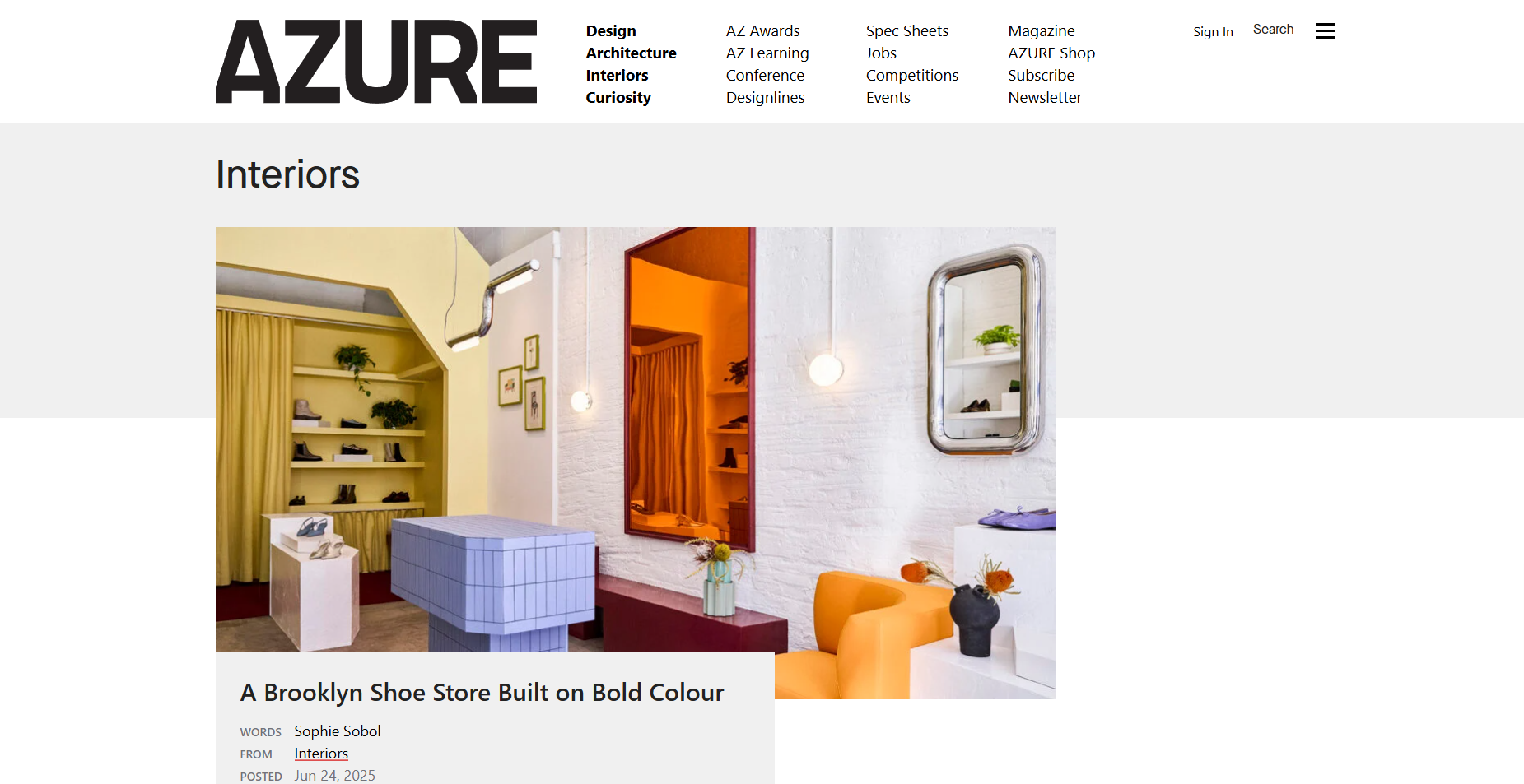 Azure magazine official website homepage featuring bold architecture and design stories, latest project features, navigation menu and modern editorial layout