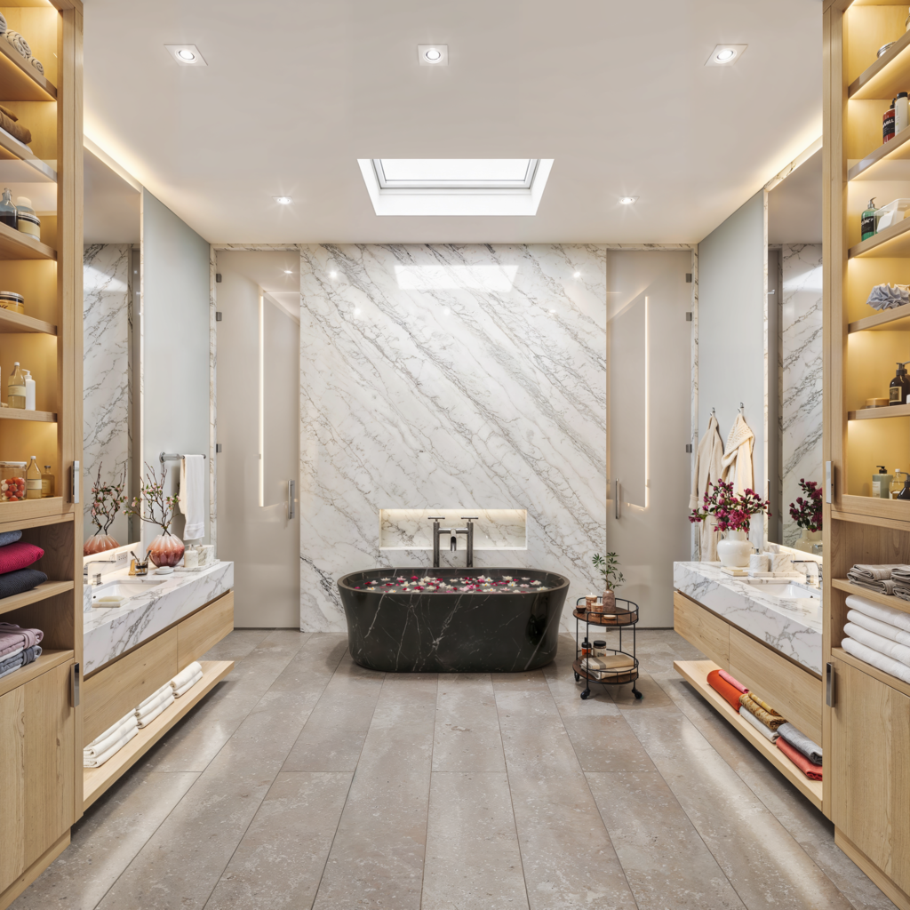 Photorealistic 3D rendering of luxurious modern spa bathroom with black marble freestanding bathtub filled with rose petals, marble walls, light wood vanities and skylight