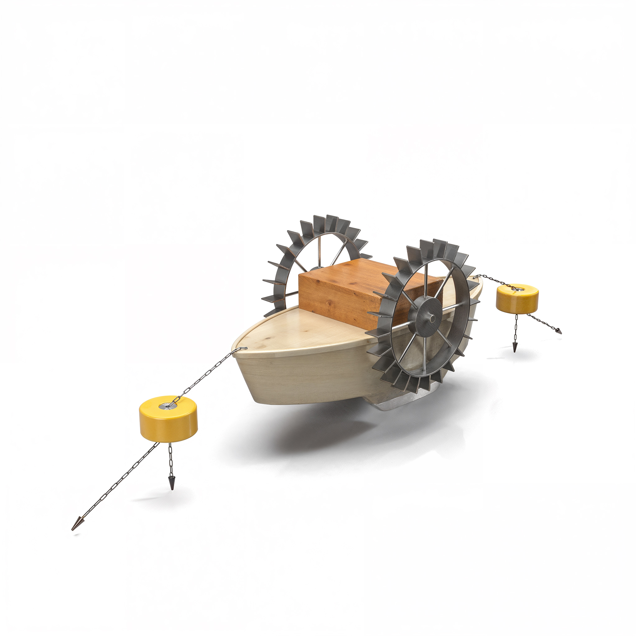 Photorealistic 3D rendering of conceptual paddlewheel boat with light wood hull, brown wooden central structure, large dark metal paddle wheels and yellow anchor buoys with chains