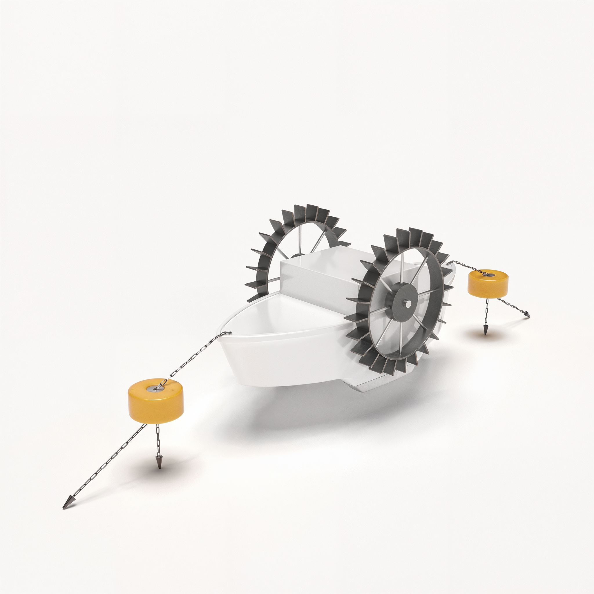 Photorealistic 3D rendering of conceptual paddlewheel boat with white hull, white central structure, large dark metal paddle wheels and yellow anchor buoys with chains