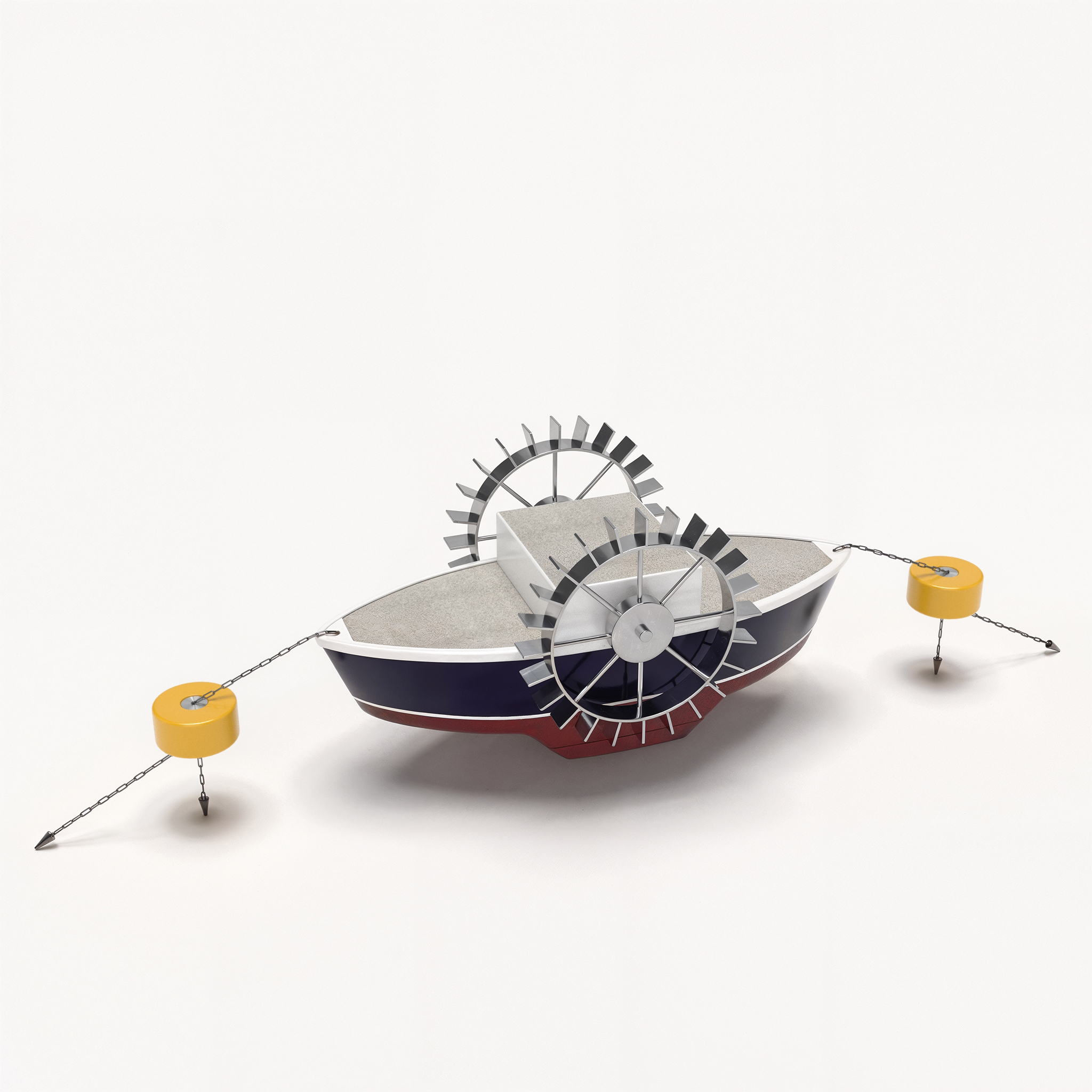 Photorealistic 3D rendering of conceptual small paddlewheel boat with navy blue and white hull, red keel, large silver paddle wheel, and yellow anchor buoys on chains
