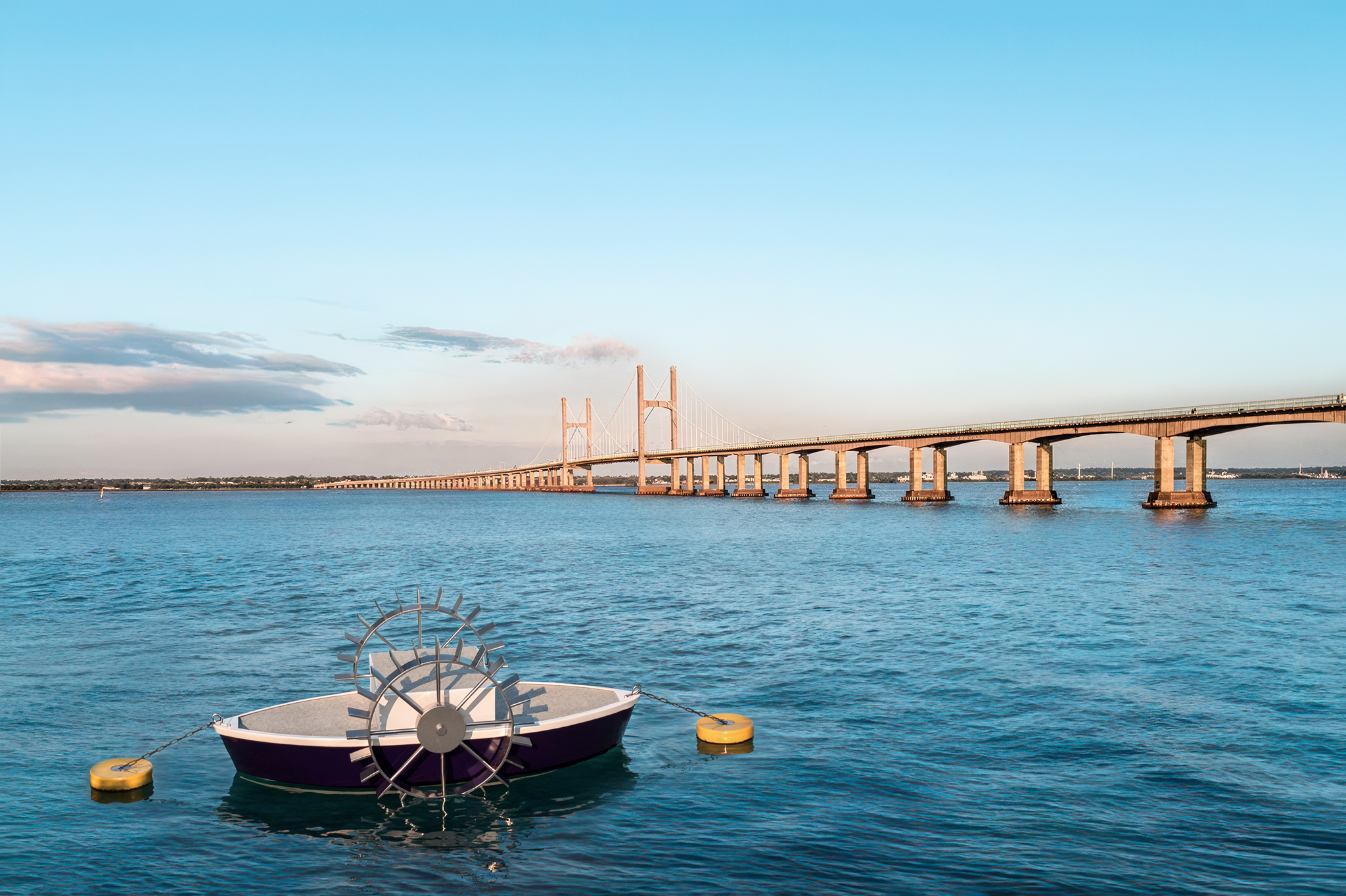 Photorealistic 3D rendering of modern purple and white conceptual paddlewheel boat with large metal paddle wheel, yellow anchor buoys and massive cable-stayed bridge in the background on calm water
