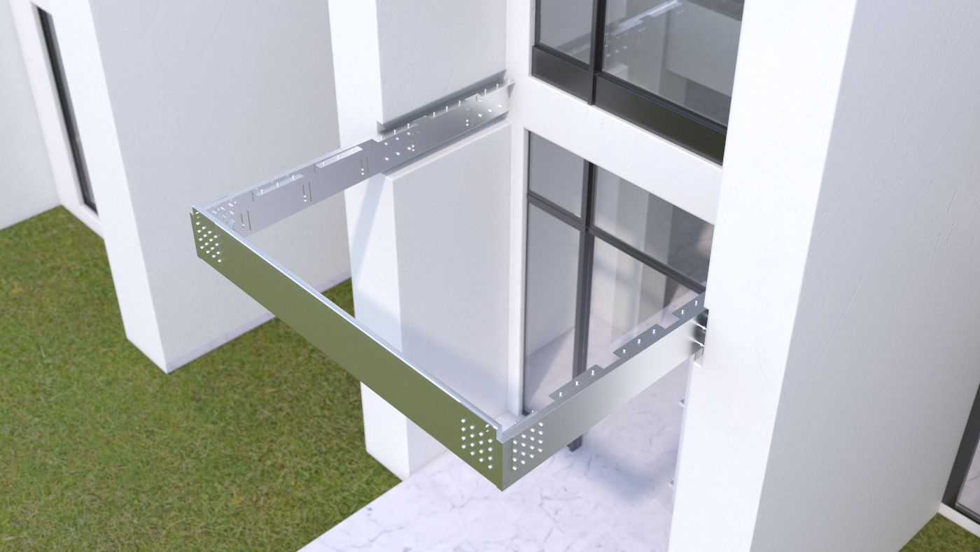 Photorealistic 3D top view rendering of modern building entry roof canopy construction showing bare metal frame structure