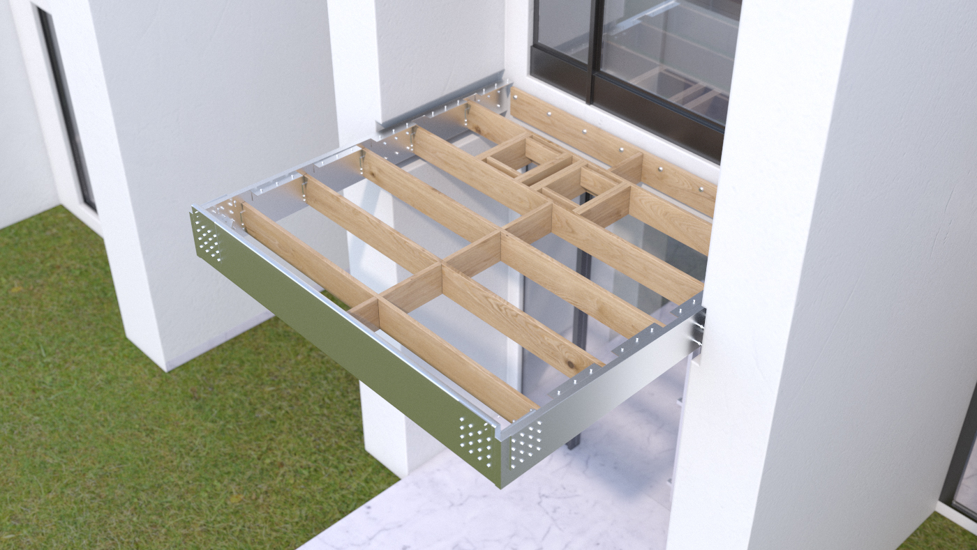 Photorealistic 3D top view rendering of modern building entry roof canopy construction showing metal frame with wooden joist substructure