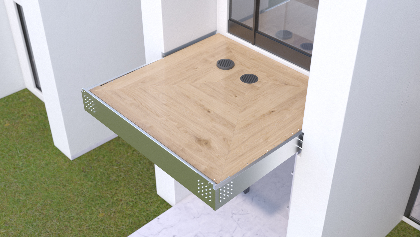 Photorealistic 3D top view rendering of modern building entry roof canopy construction showing completed wooden decking with drainage grates