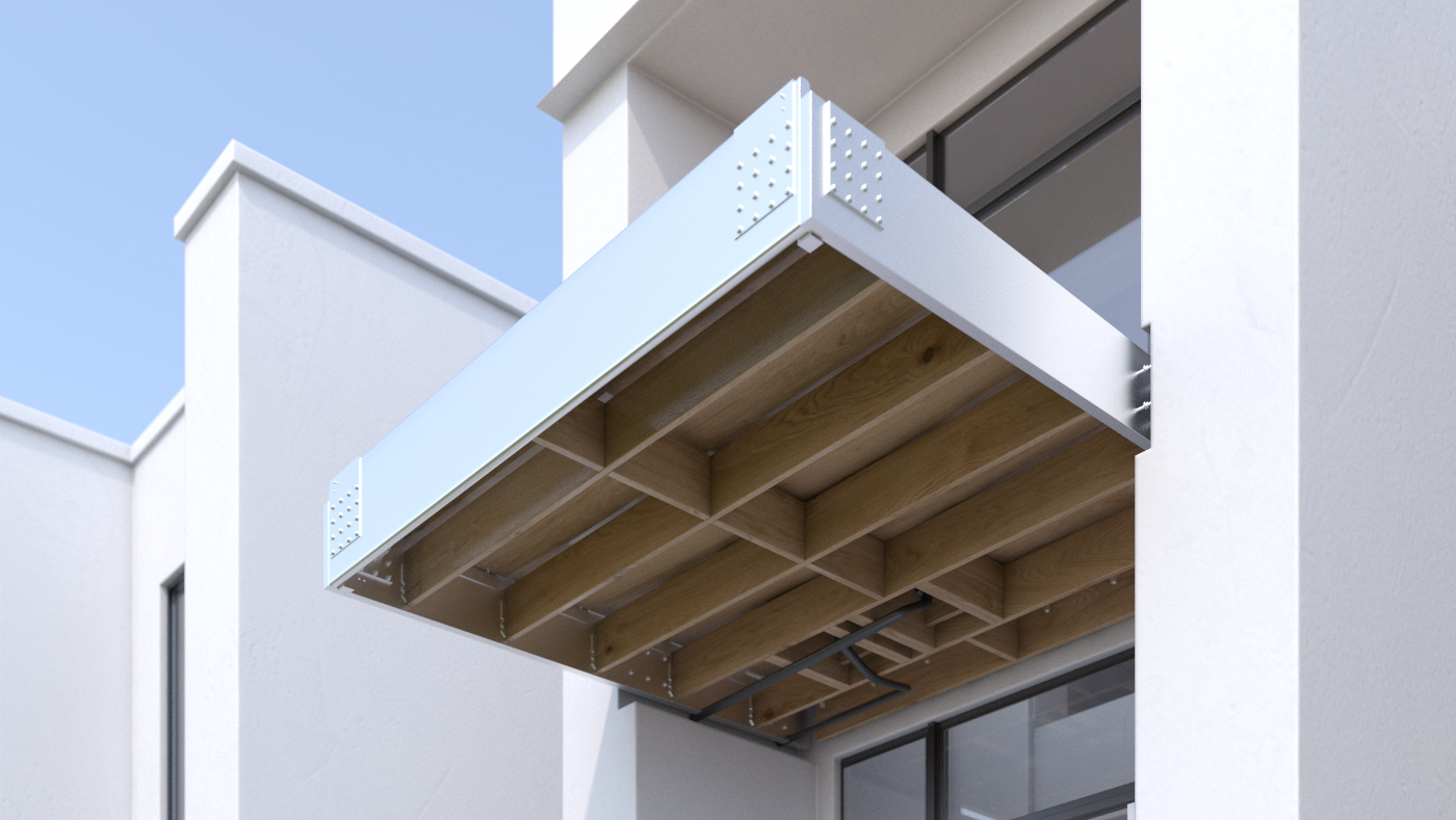 Photorealistic 3D bottom view rendering of modern building entry roof canopy construction showing white metal frame with exposed wooden joist structure