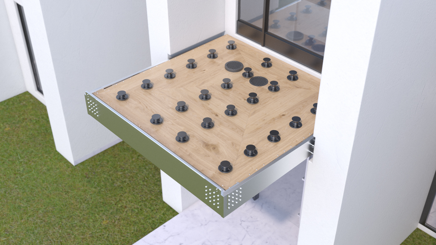 Photorealistic 3D top view rendering of modern building entry roof canopy construction showing wooden decking with installed black deck lights